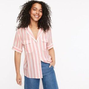 J. Crew Pink & White Striped 100% Silk Short Sleeve Camp Shirt XXL